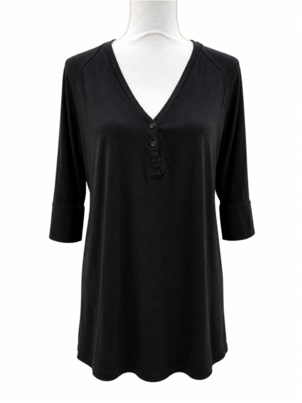 Michael Lauren Black Tunic Dress V Neck Henley 3/4 Sleeve Made In USA Size S NWT